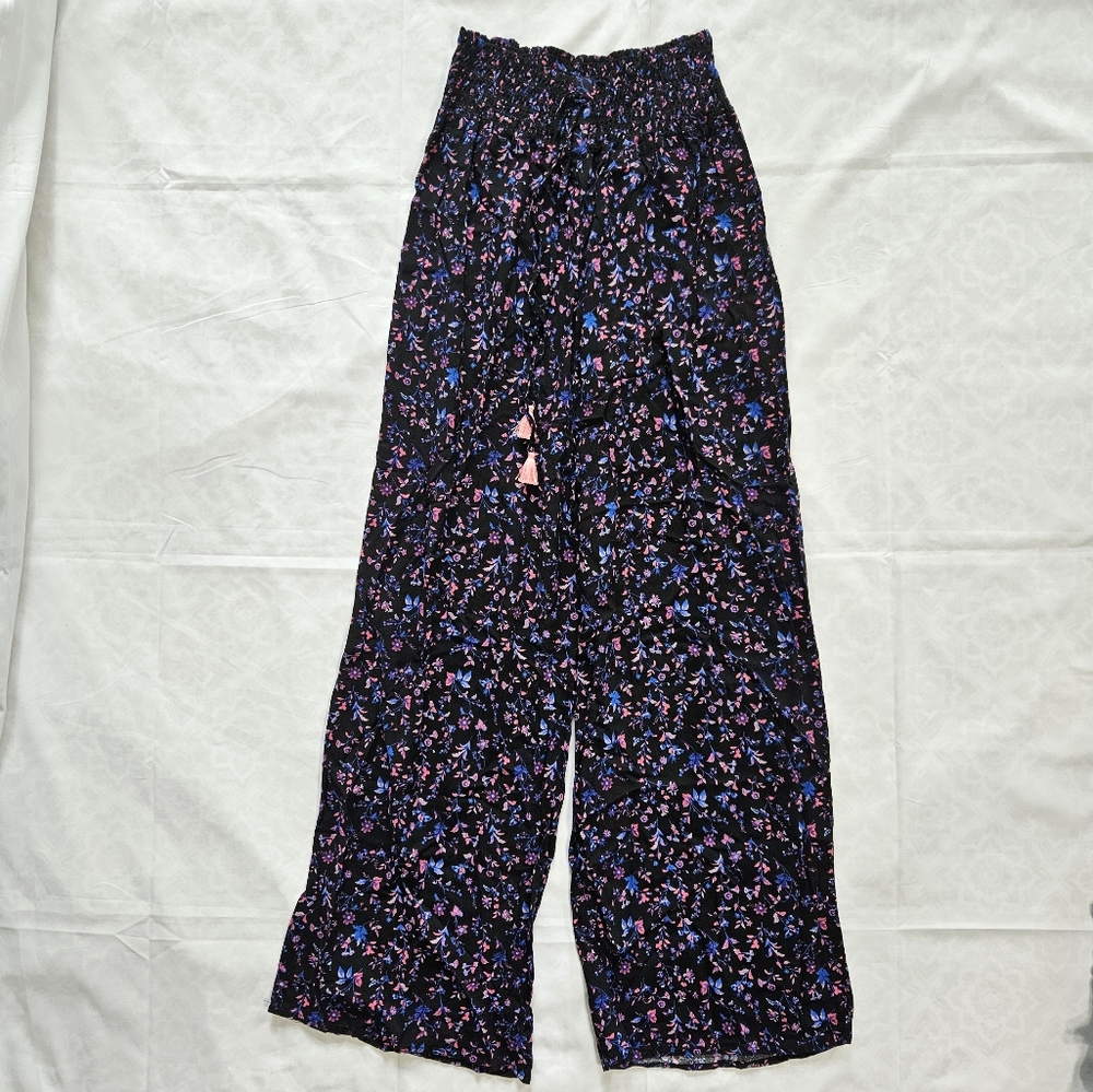 One 5 One Womens L Wide Leg Pants Elastic Waist Black Pink Blue Floral High Rise